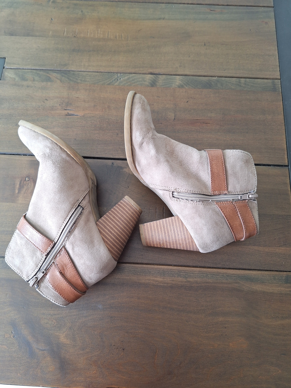 Nicole Taupe Suede Ankle Booties with Brown Strap - Picture 5 of 7
